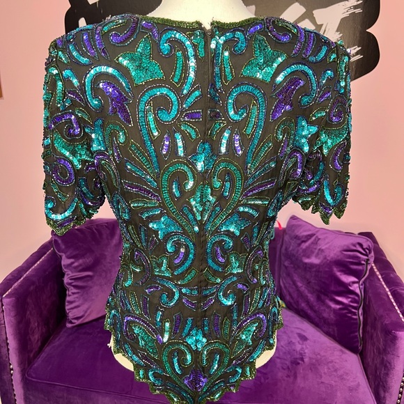 Vintage Sequin Top 100% silk Lawrence Kazar teal turquoise purple size Small - Picture 9 of 9
